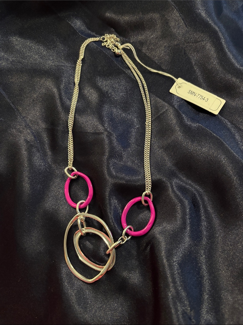 Silver Necklace with Bright Pink Link Accents
